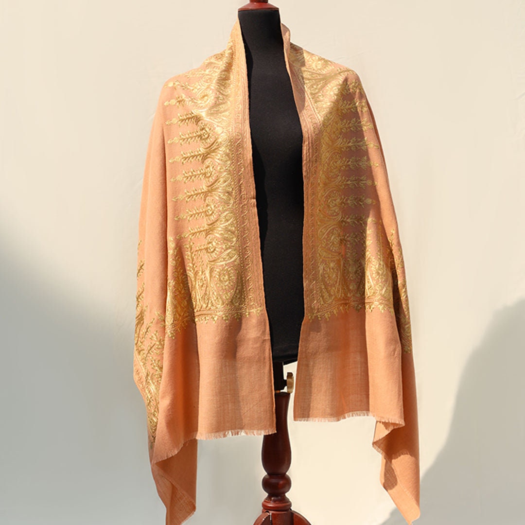 High quality pashmina wool shawl in Pink or Green or Dark Blue base, with extensive border embroidery in beige-gold color; fine machine-work