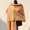 High quality pashmina wool shawl in Pink or Green or Dark Blue base, with extensive border embroidery in beige-gold color; fine machine-work