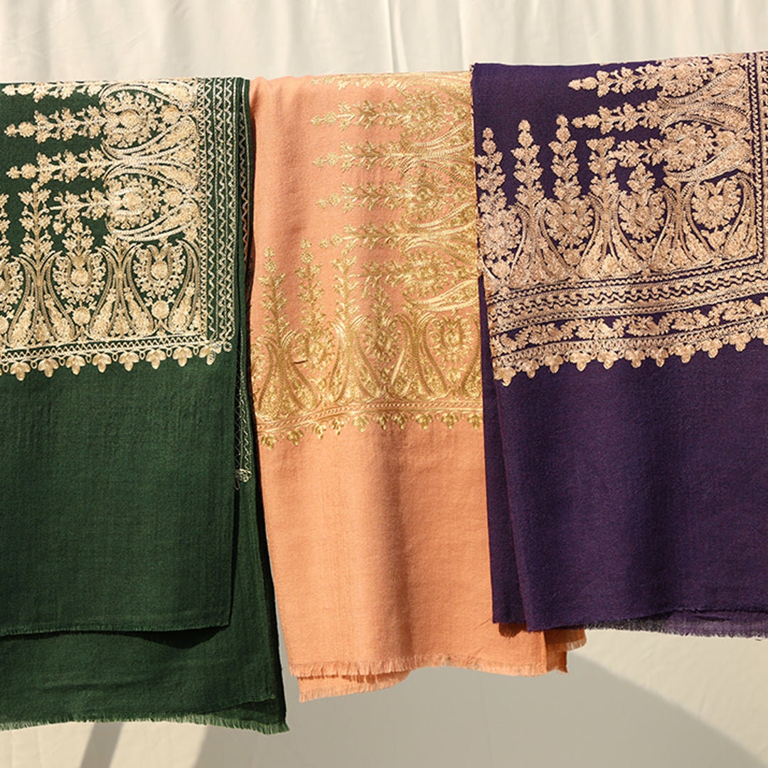 High quality pashmina wool shawl in Pink or Green or Dark Blue base, with extensive border embroidery in beige-gold color; fine machine-work