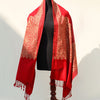 Bright red pashmina shawl with paisley embroidery in golden; Intricate embroidery all across the shawl; From Kashmir