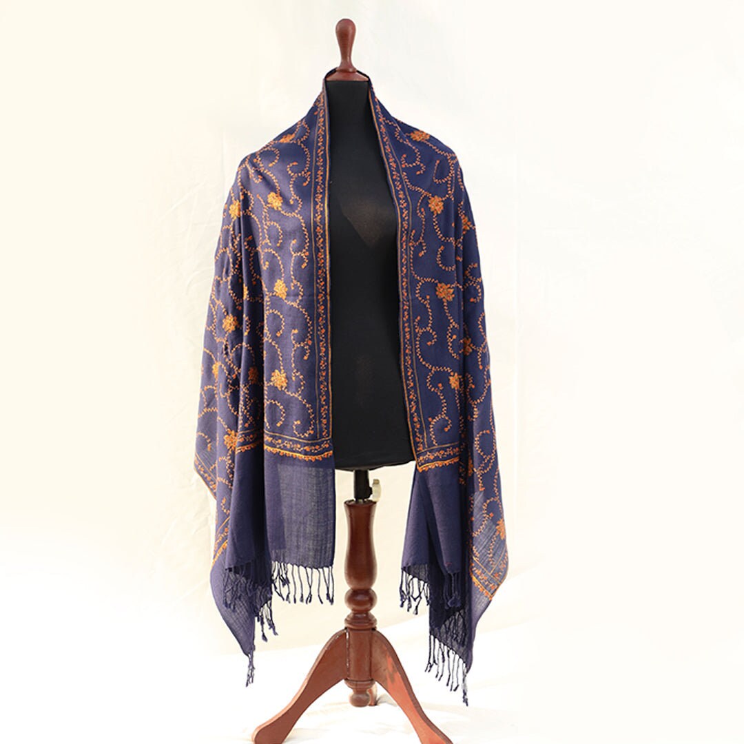 Dark Blue with Orange/Rust hand embroidered pashmina shawl; Extremely fine intricate hand embroidery on pure wool; made in Kashmir