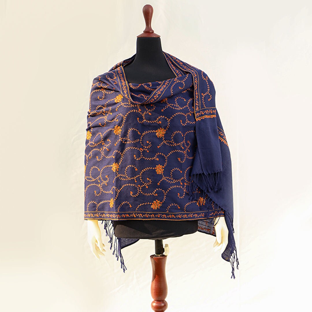 Dark Blue with Orange/Rust hand embroidered pashmina shawl; Extremely fine intricate hand embroidery on pure wool; made in Kashmir