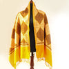 Mustard pashmina wool shawl with brown and beige patterned machine embroidery; Recurring diamond shaped patterns across the entire shawl; pu