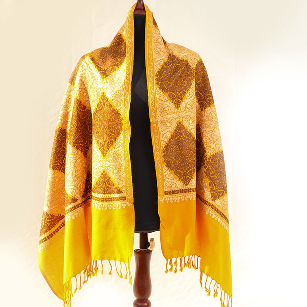 Mustard pashmina wool shawl with brown and beige patterned machine embroidery; Recurring diamond shaped patterns across the entire shawl; pu