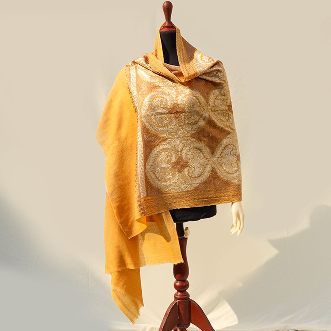 Light Mustard pashmina wool shawl with beige patterned embroidery all across; Intricate machine-work; pure wool pashmina from Kashmir