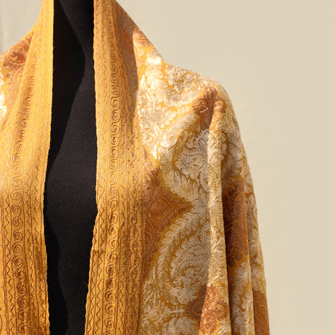 Light Mustard pashmina wool shawl with beige patterned embroidery all across; Intricate machine-work; pure wool pashmina from Kashmir