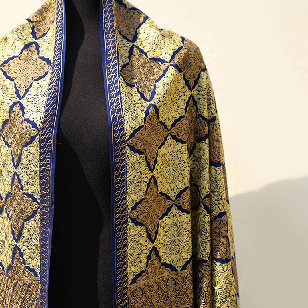 Royal Blue with Bronze & Gold embroidered pashmina shawl; Intricate border-work; pure pashmina wool from Kashmir