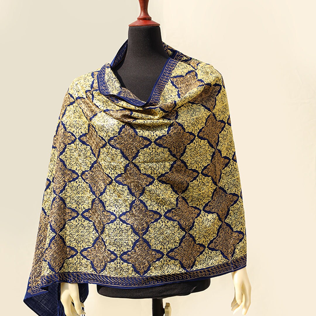 Royal Blue with Bronze & Gold embroidered pashmina shawl; Intricate border-work; pure pashmina wool from Kashmir