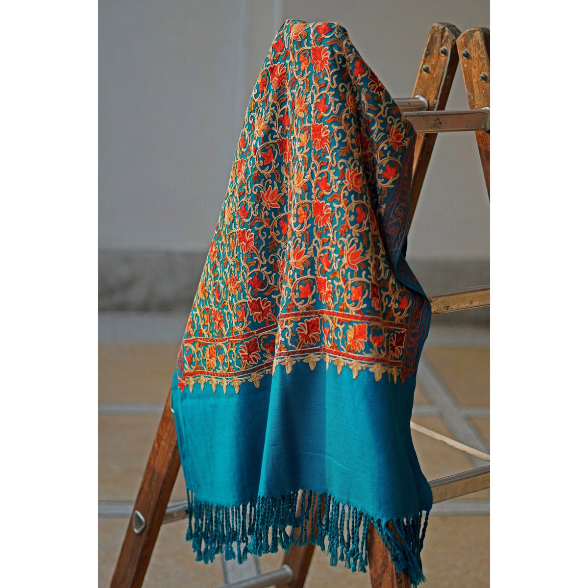 Premium Quality turquoise base color pashmina shawl; Fully embroidered shawl with bright warm colored threadwork; Super fine cashmere wool