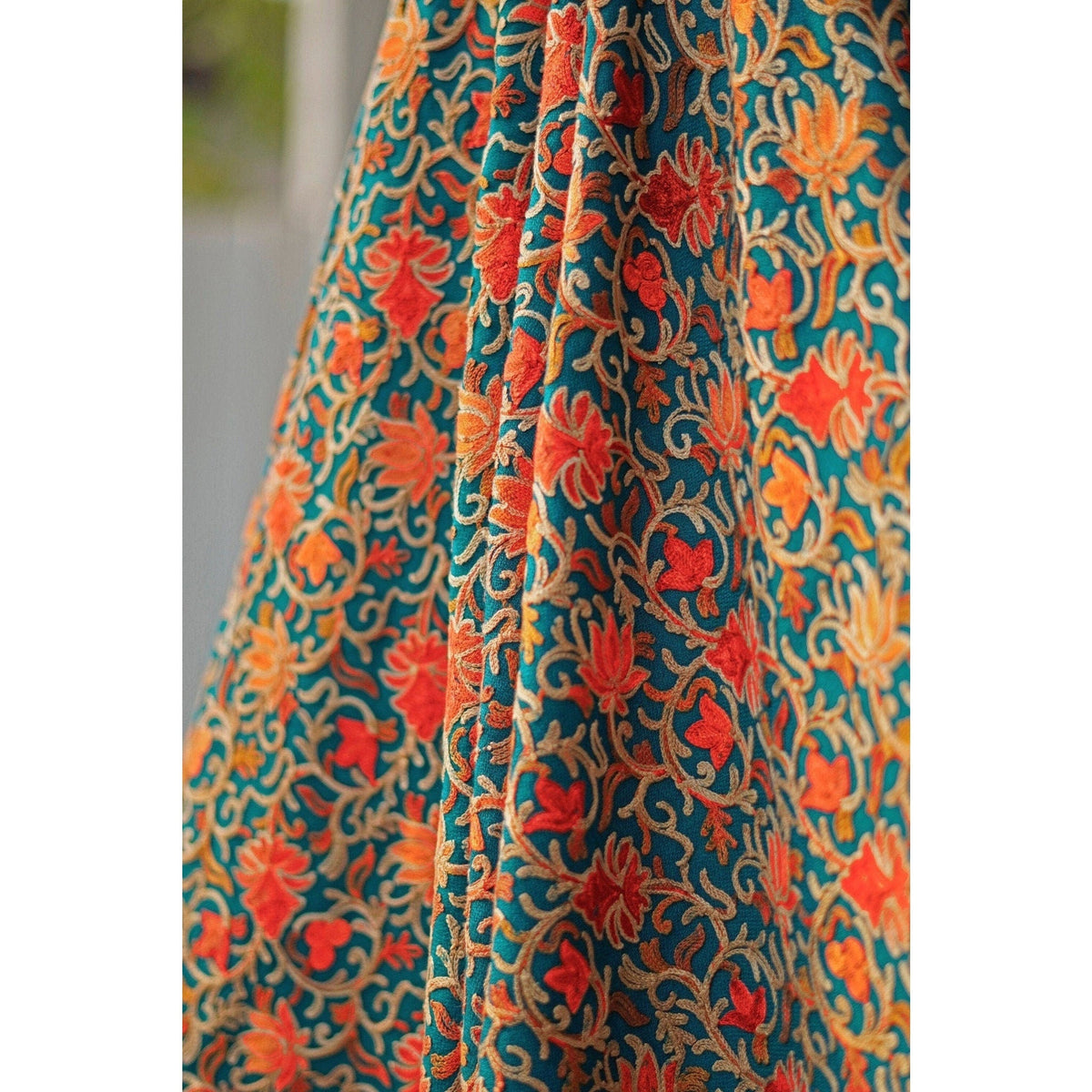 Premium Quality turquoise base color pashmina shawl; Fully embroidered shawl with bright warm colored threadwork; Super fine cashmere wool