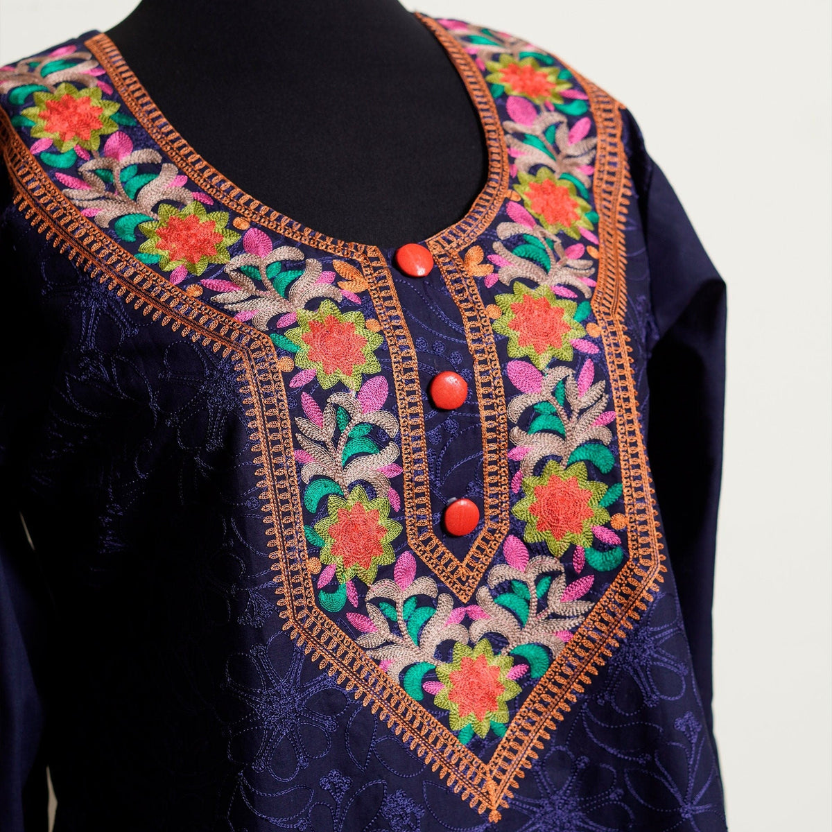 Fine cotton lawn kurti shirt; Navy blue shirt with detailed multi colored embroidered neck; Super comfortable semi formal summer wear