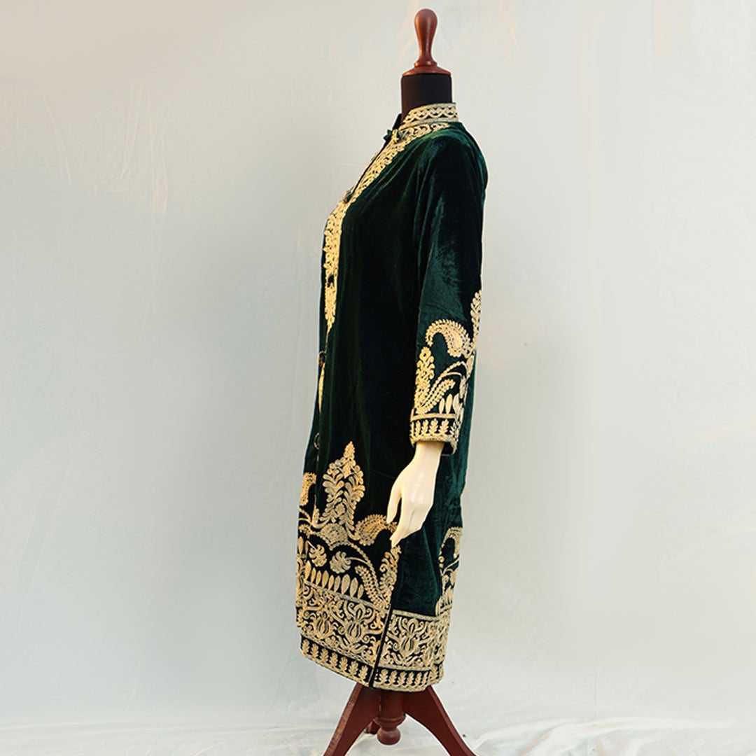 Front open gown in Royal Blue, Black and Royal Green colors with detailed gold embroidery on front and back; Front open jacket; Detailed thr