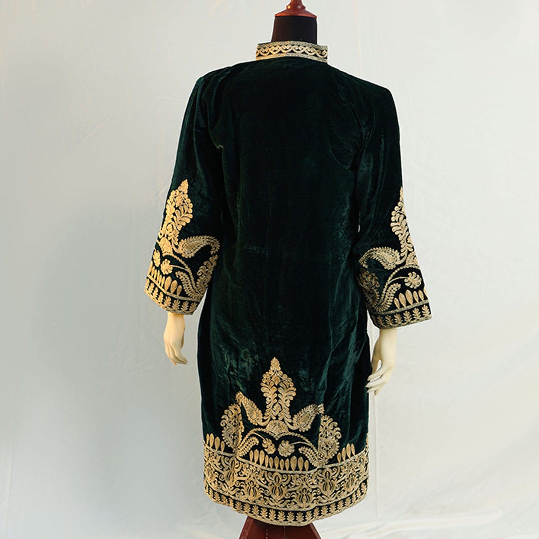 Front open gown in Royal Blue, Black and Royal Green colors with detailed gold embroidery on front and back; Front open jacket; Detailed thr