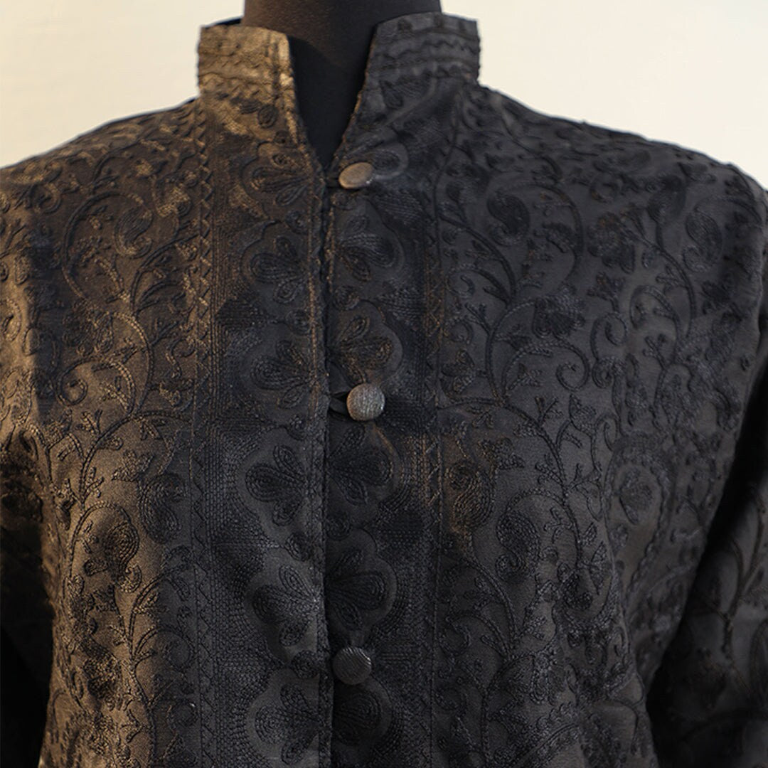 Raw Silk coat black on black embroidery; Detailed threadwork over high quality Kashmiri raw silk; Formal/Semi-casual wear womens coat