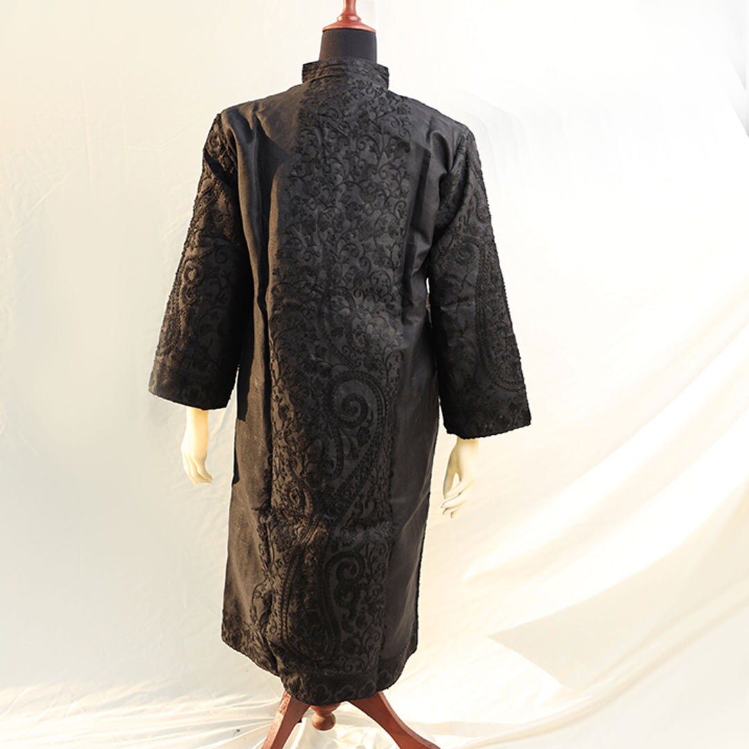 Raw Silk coat black on black embroidery; Detailed threadwork over high quality Kashmiri raw silk; Formal/Semi-casual wear womens coat