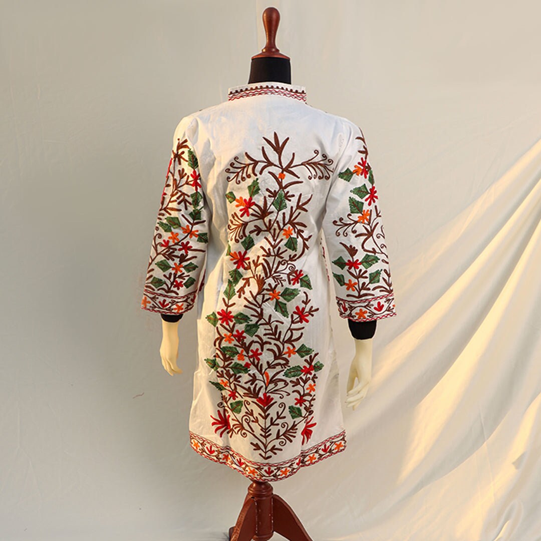 Raw Silk White coat with multi-colored Aari Kashmiri embroidery; Front open jacket; Detailed threadwork over high quality Kashmiri raw silk;