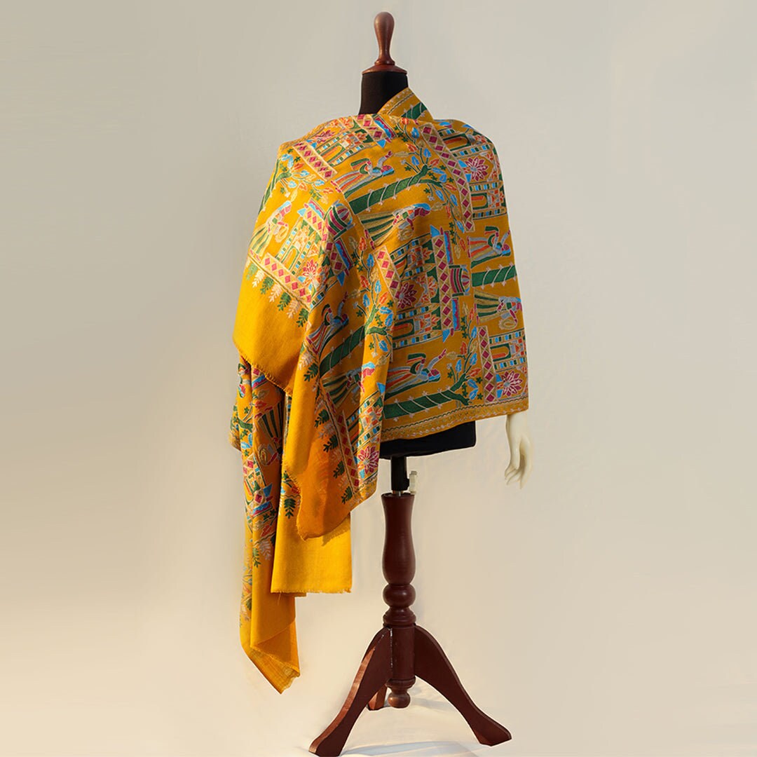 Black or Mustard fine pashmina wool shawl with intricate Mughal-era royal artwork; Architectural embroidery machine-work on pure wool pashmi