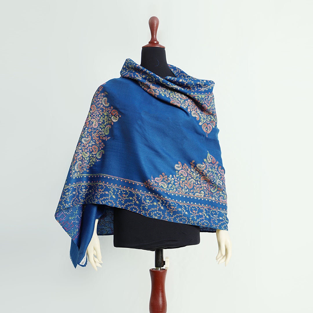 Black or Blue base pashmina shawl with intricate mini-paisley hand embroidery in subtle multiple colors; Handwork Pashmina shawl from Kashmi