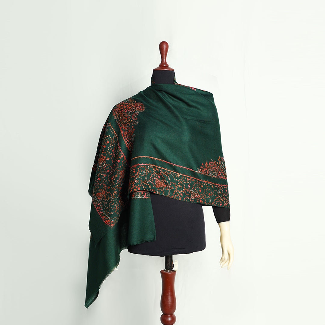 Dark Green or Blue base pashmina shawl with extremely fine hand embroidered art-work; Crafty needlework on pashmina wool from Kashmir extrem