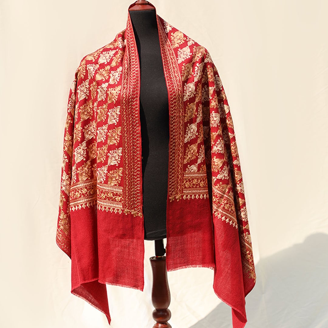 Maroon or Mustard pashmina wool shawl/scarf with light gold & silver handmade machine embroidery across the entire shawl; Intricate border e