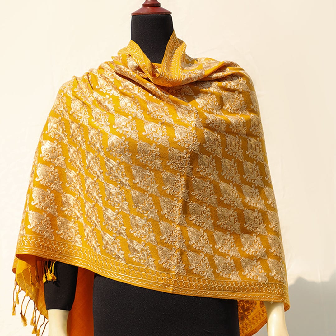 Maroon or Mustard pashmina wool shawl/scarf with light gold & silver handmade machine embroidery across the entire shawl; Intricate border e