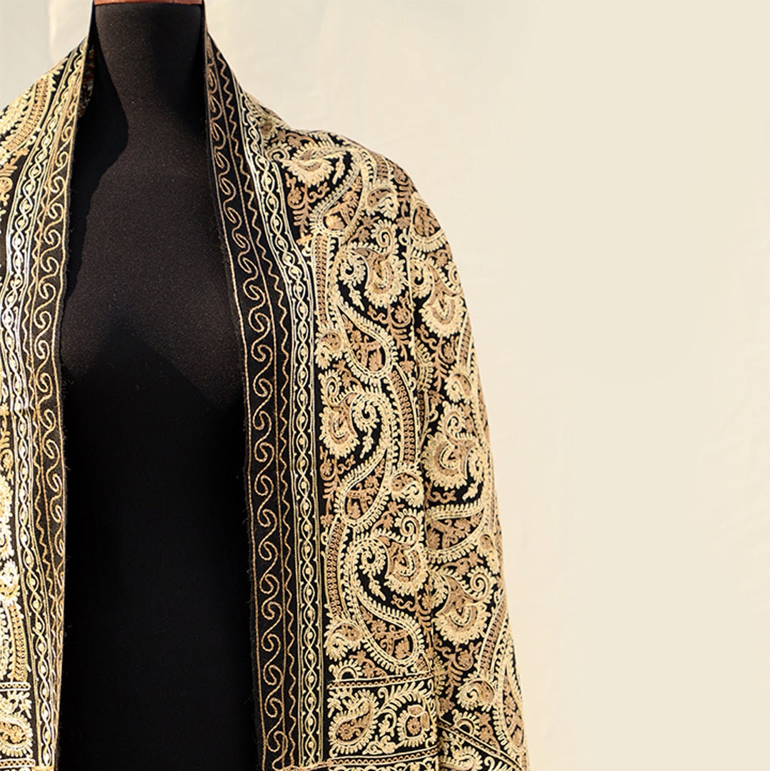 Black Fully embroidered pashmina shawl with paisley patterns using machine embroidery; Detailed rust & gold embroidery all across; full leng