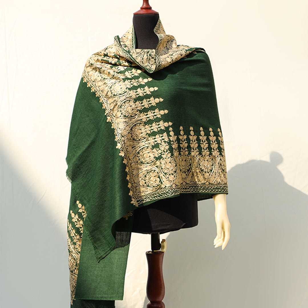 High quality pashmina wool shawl in Pink or Green or Dark Blue base, with extensive border embroidery in beige-gold color; fine machine-work