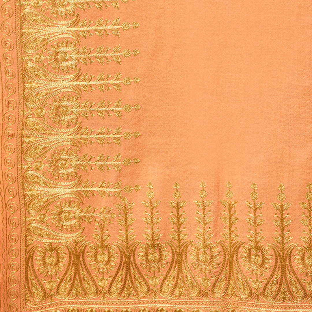 High quality pashmina wool shawl in Pink or Green or Dark Blue base, with extensive border embroidery in beige-gold color; fine machine-work