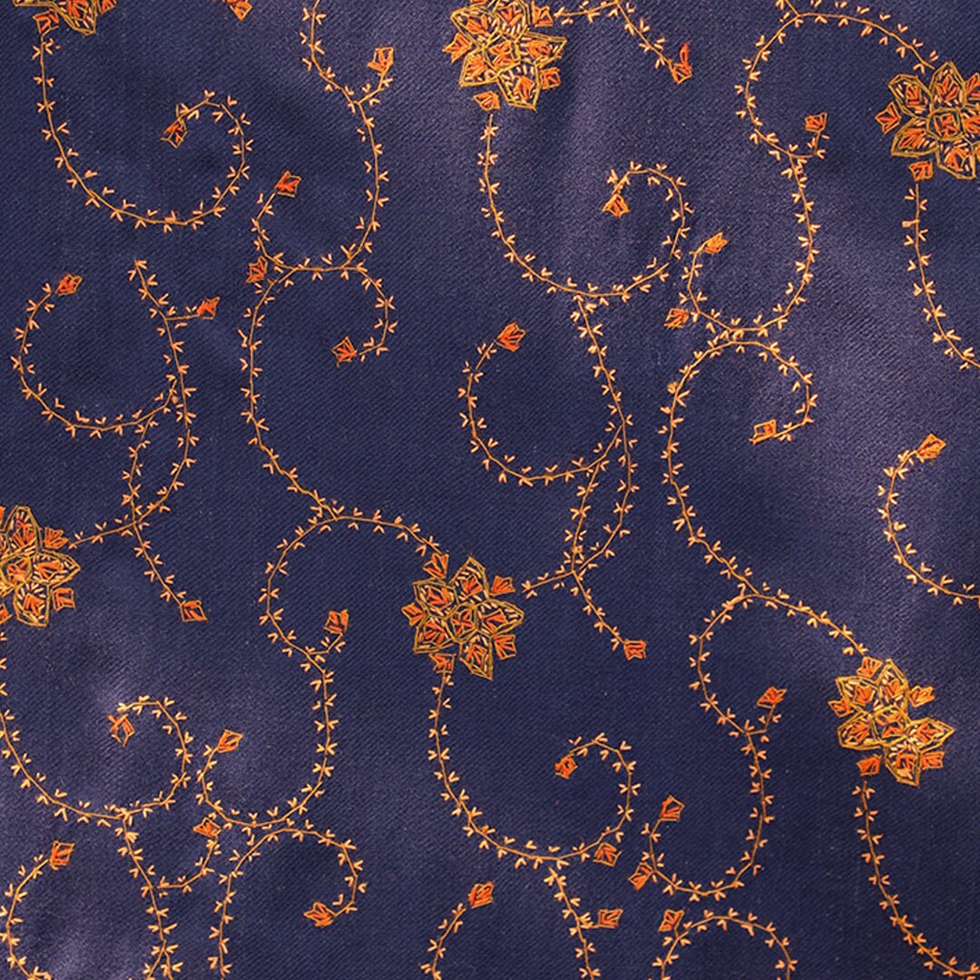 Dark Blue with Orange/Rust hand embroidered pashmina shawl; Extremely fine intricate hand embroidery on pure wool; made in Kashmir