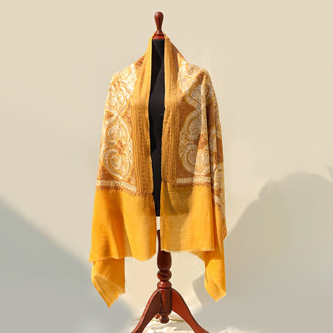 Light Mustard pashmina wool shawl with beige patterned embroidery all across; Intricate machine-work; pure wool pashmina from Kashmir