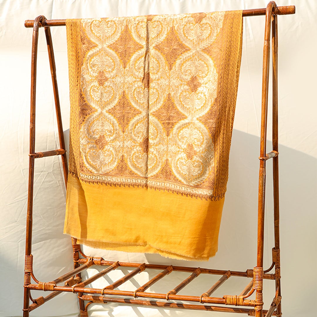 Light Mustard pashmina wool shawl with beige patterned embroidery all across; Intricate machine-work; pure wool pashmina from Kashmir