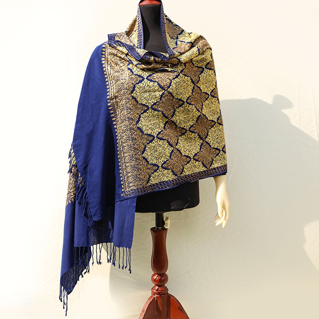 Royal Blue with Bronze & Gold embroidered pashmina shawl; Intricate border-work; pure pashmina wool from Kashmir