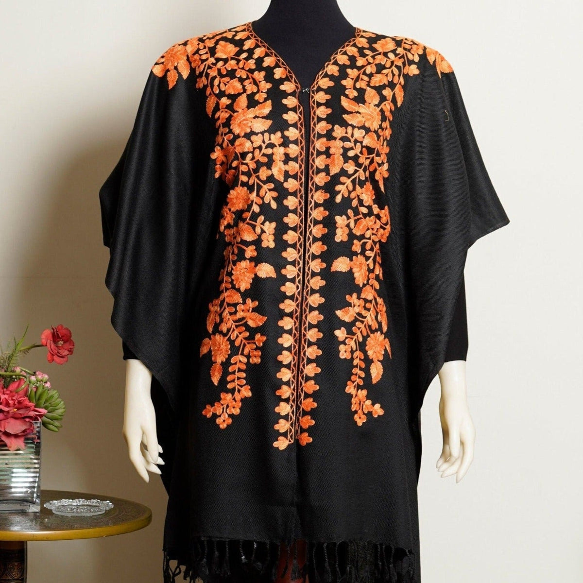 Black base color cape shawl with orange detailed embroidery; Fully embroidered aari style cap shawl; Elegant design soft cape shawl