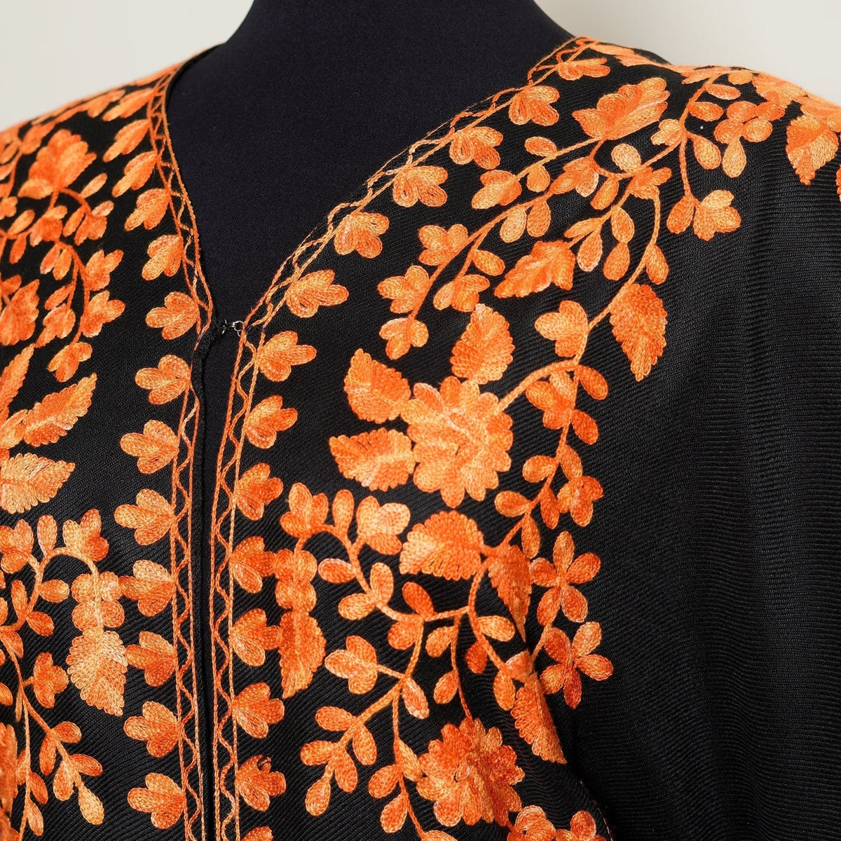 Black base color cape shawl with orange detailed embroidery; Fully embroidered aari style cap shawl; Elegant design soft cape shawl