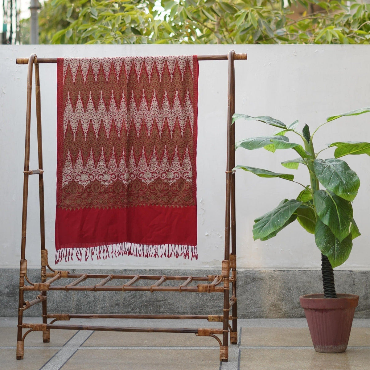 Bright Red fully embroidered Pashmina wool shawl; Red base color with silver and gold embroidery; High quality super soft cashmere shawl