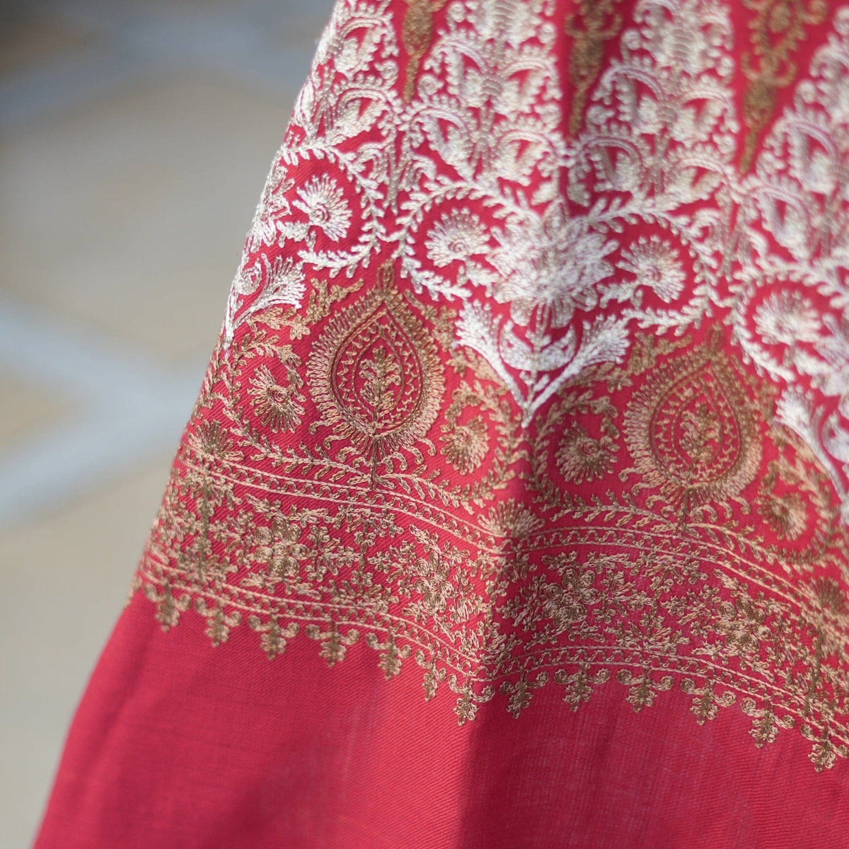 Bright Red fully embroidered Pashmina wool shawl; Red base color with silver and gold embroidery; High quality super soft cashmere shawl