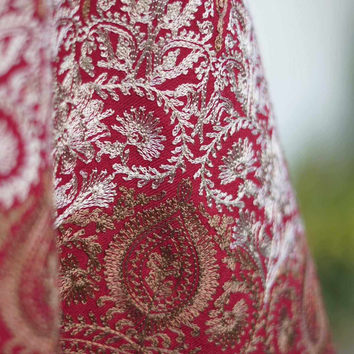 Bright Red fully embroidered Pashmina wool shawl; Red base color with silver and gold embroidery; High quality super soft cashmere shawl