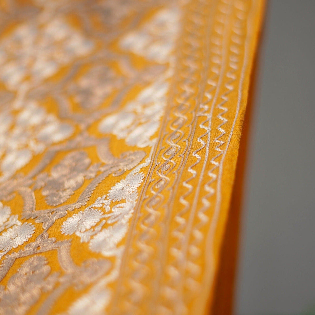 Yellow Ochre Pashmina wool shawl with silver and gold embroidery; High quality super soft cashmere wool; Yellow Ochre base color stoll