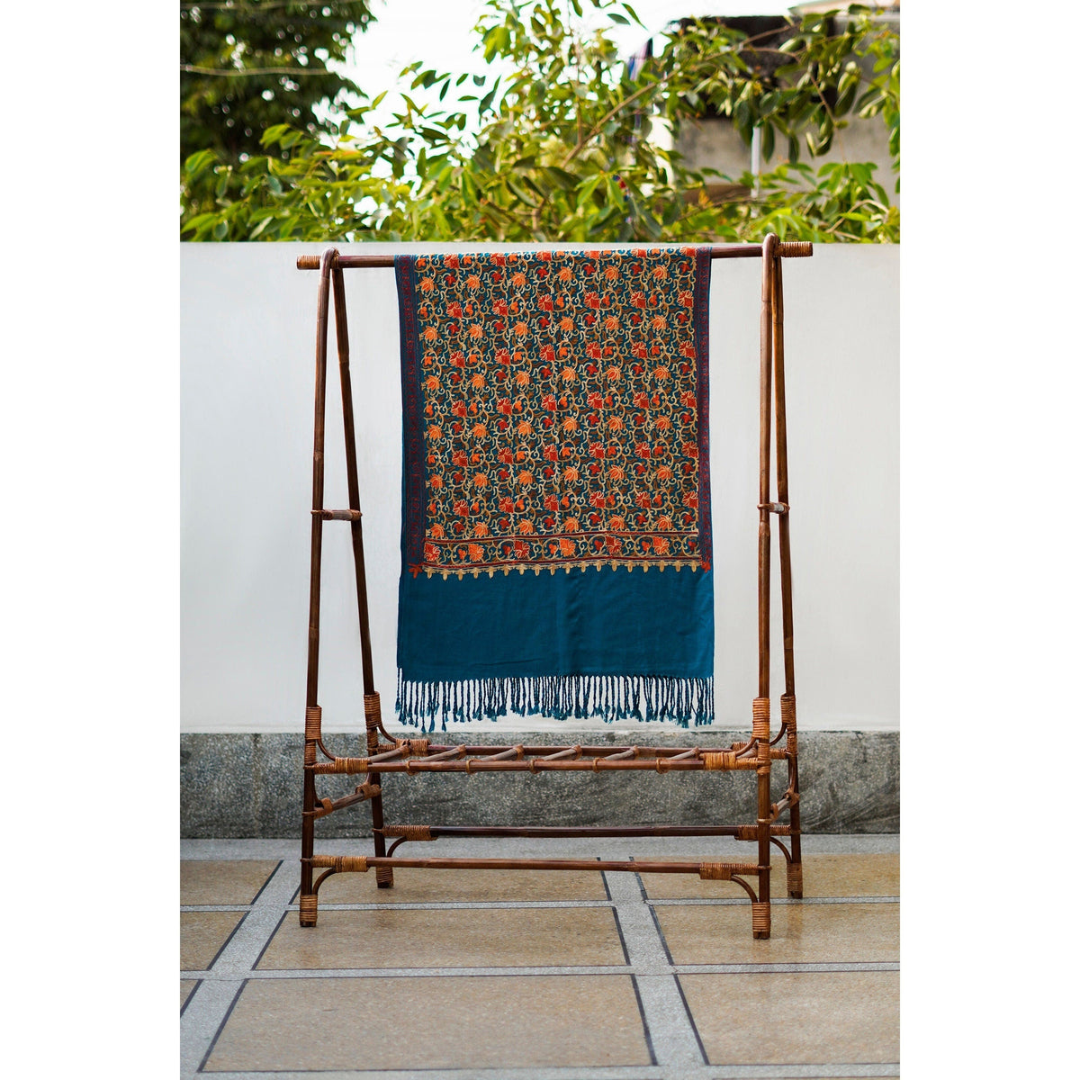 Premium Quality turquoise base color pashmina shawl; Fully embroidered shawl with bright warm colored threadwork; Super fine cashmere wool