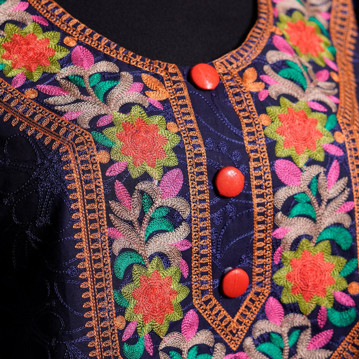 Fine cotton lawn kurti shirt; Navy blue shirt with detailed multi colored embroidered neck; Super comfortable semi formal summer wear