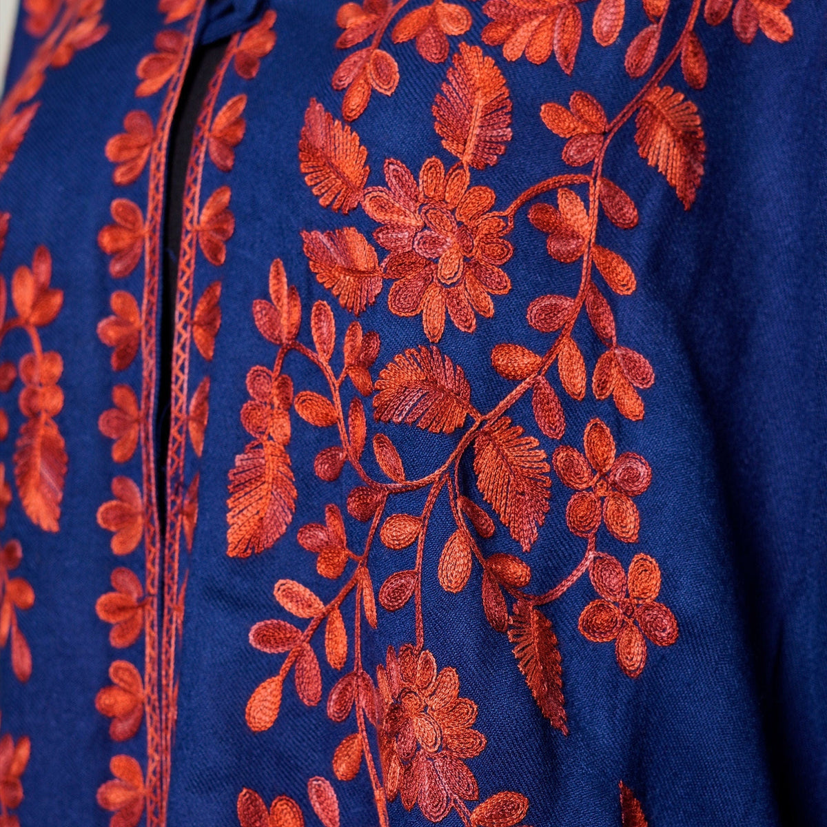 Cape Shawl - Maroon Embroidery on Blue Pashmina