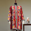 Deep Red long length raw silk embroidered coat; Intricate threadwork on high quality raw silk; Shiny finish high quality silk