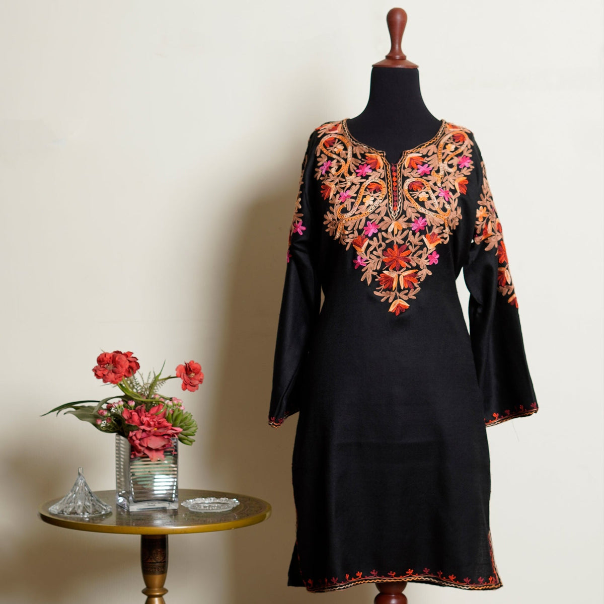 Soft Pashmina Beige or Black Kurti shirt with multi colored neck embroidery; Solid base color with detailed brown, pink and orange embroider