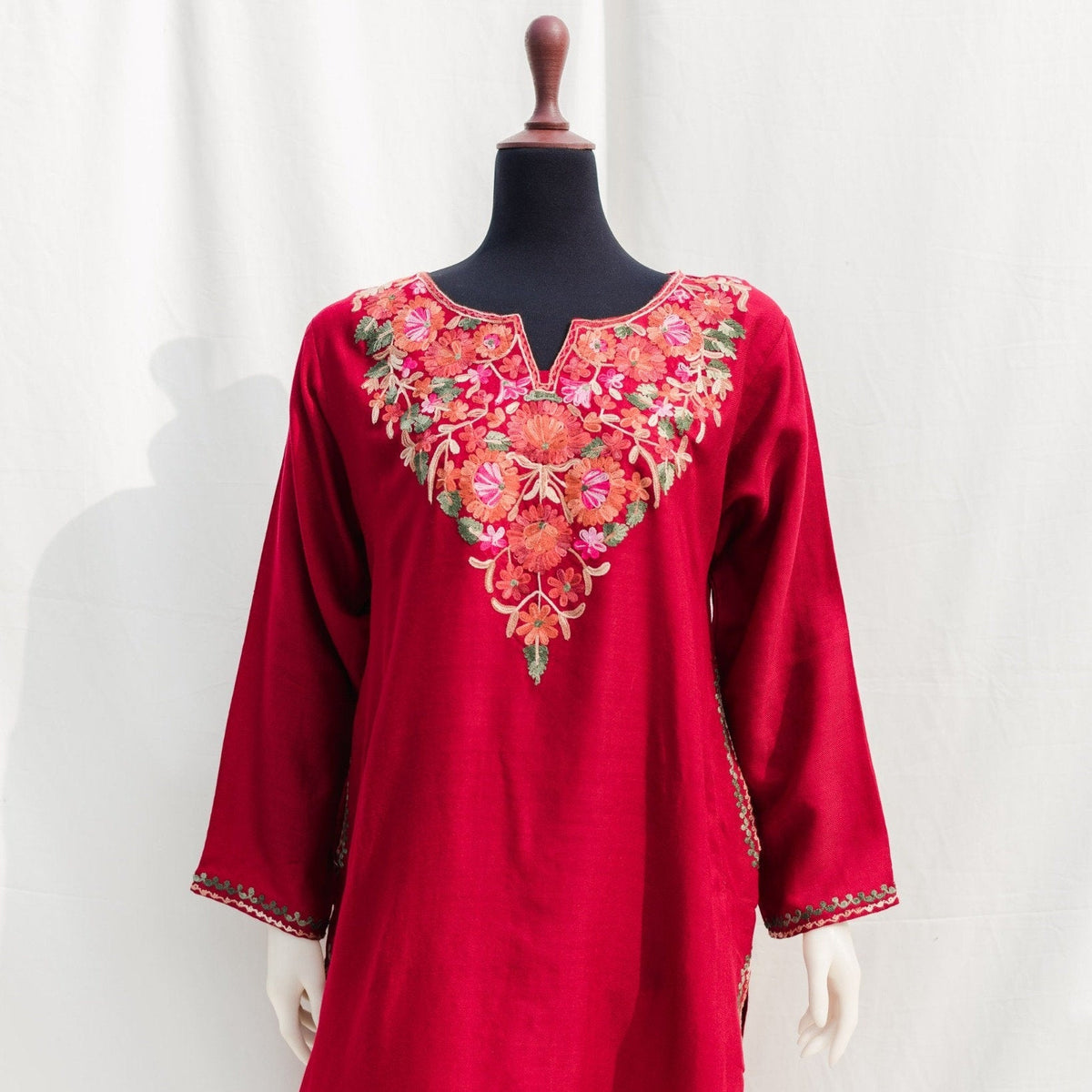 Red Wool Kurta for women ethnic Indian clothing top with pockets kashmiri wool long length top for eid dress gift for casual weddings