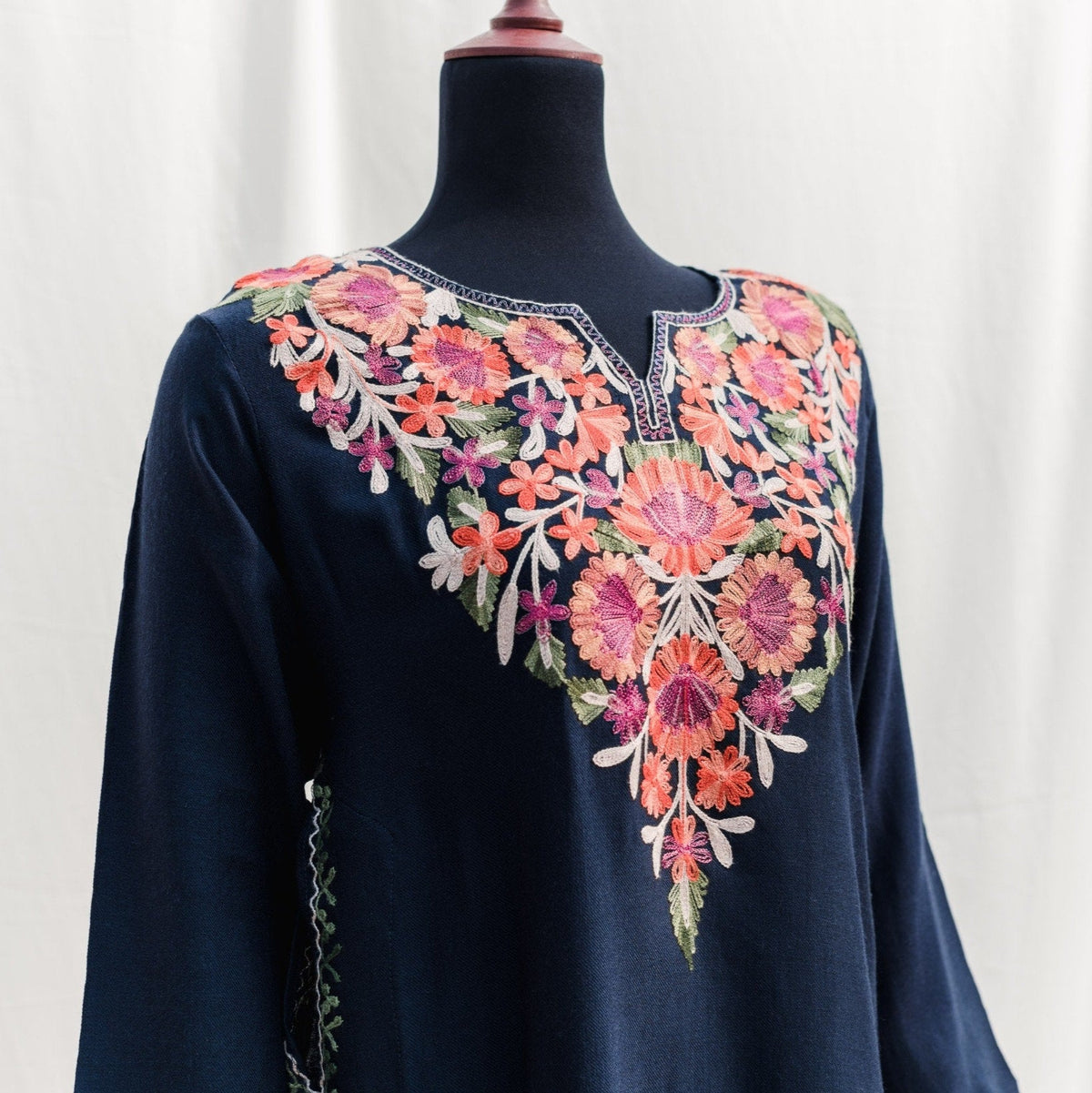 Indian Wool Kurta for Women Aari Pheran Floral Embroidery with pockets Knee Length Blue Top extremely soft threadwork on pashmina wool