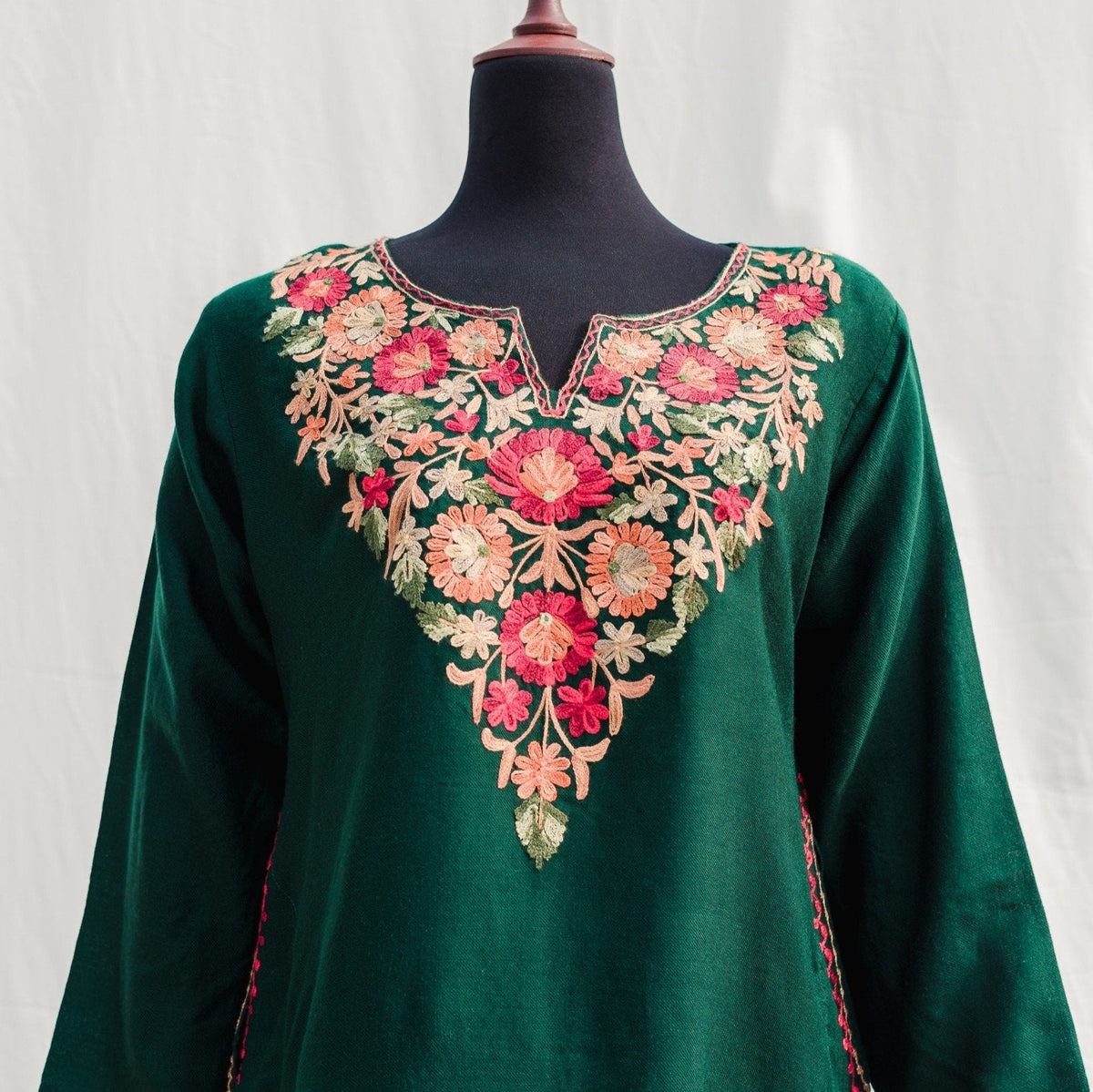 Kashmiri Aari Kurta for women Loose fit green embroidered top Indian winter wear Knee Length Shirt with Pocket ethnic embroidery on kashmiri