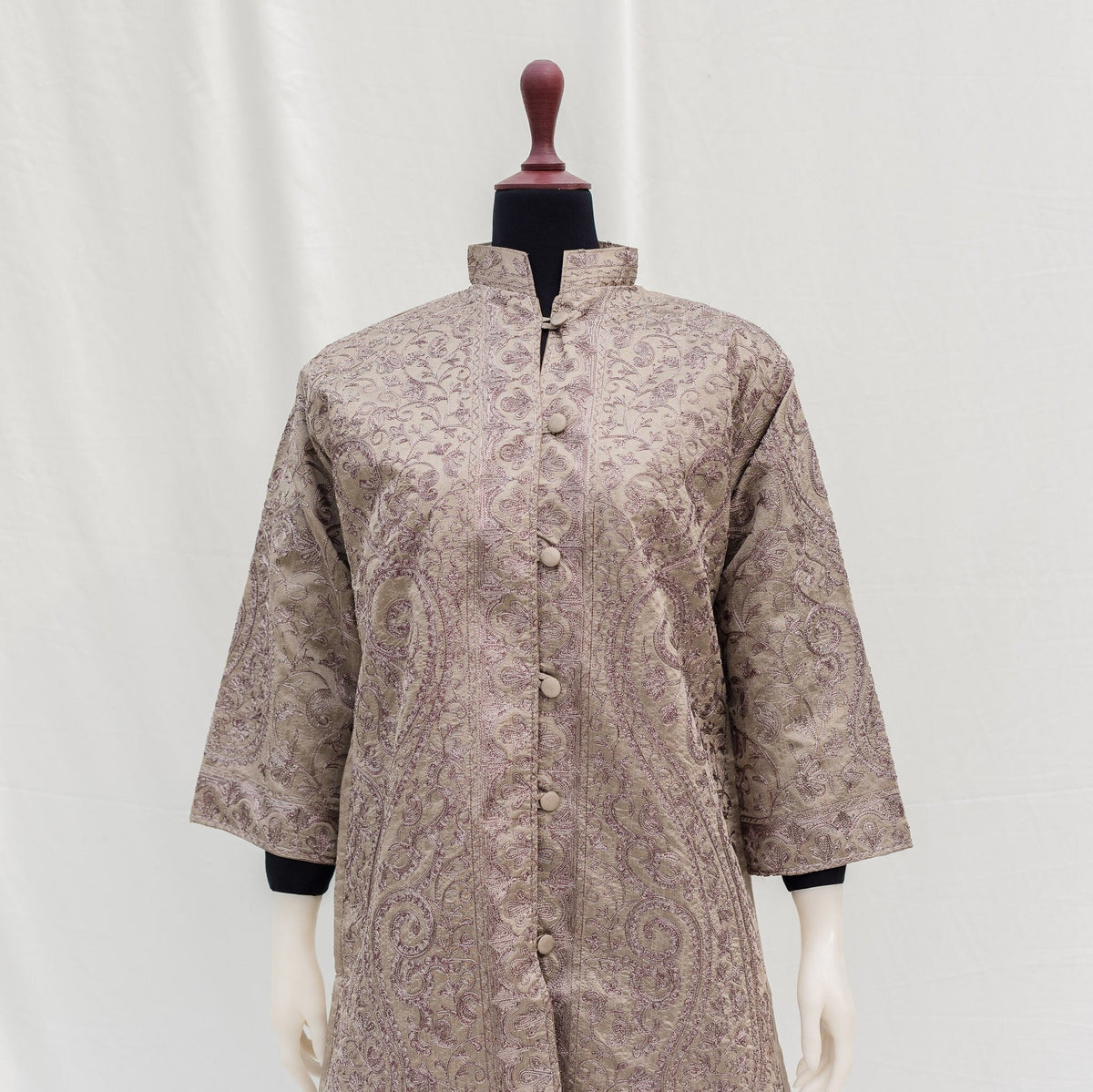 Raw Silk Kashmiri Embroidery Nehru Jacket Long length Coat Beige embroidery women wedding coat boho hippie Handmade Vintage feel Jacket