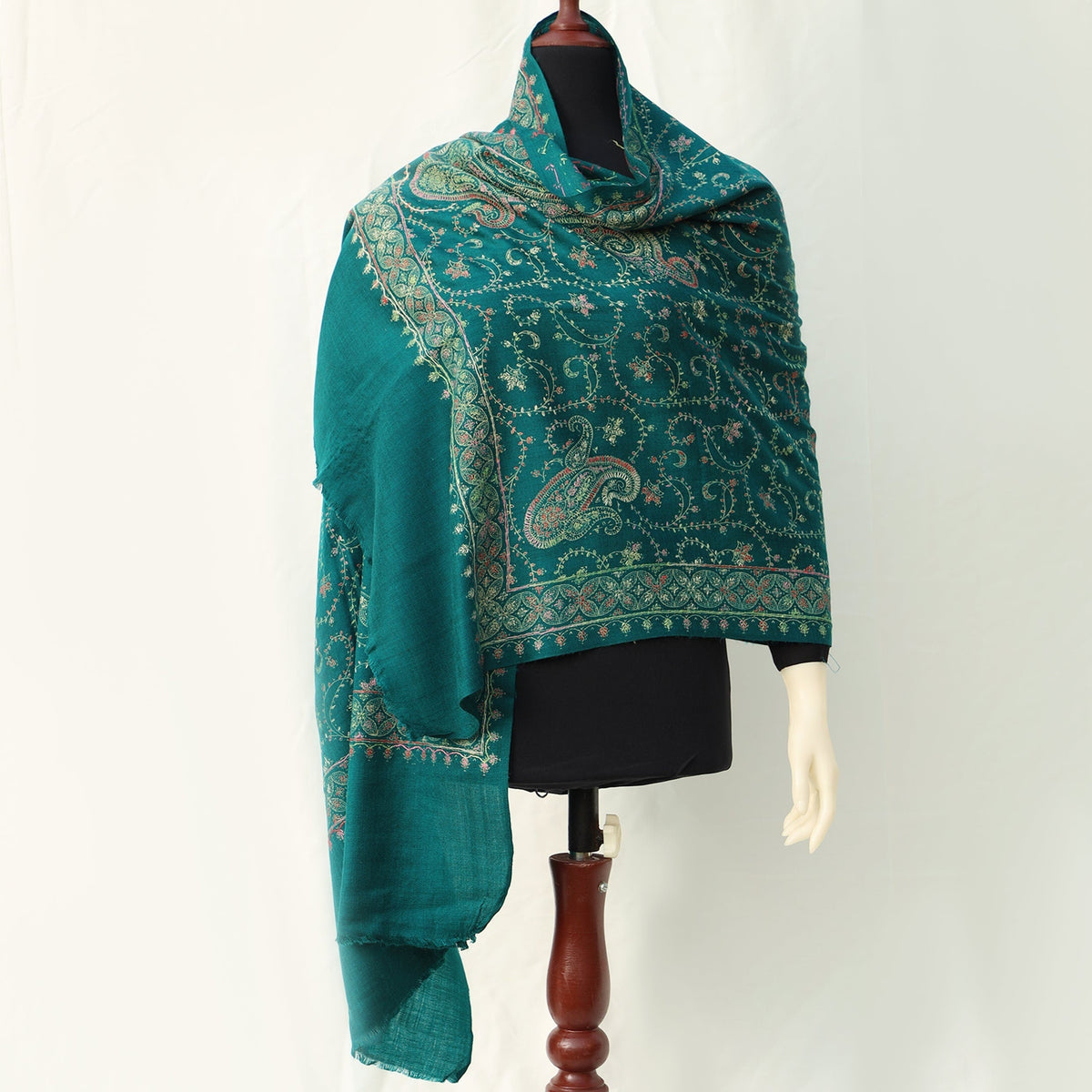 Pashmina Wool Shawl - Turquoise with Aari Embroidery