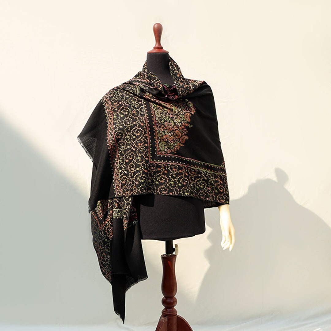 Wool Mixed Shawl - Blue/ Black with fine hand embroidery