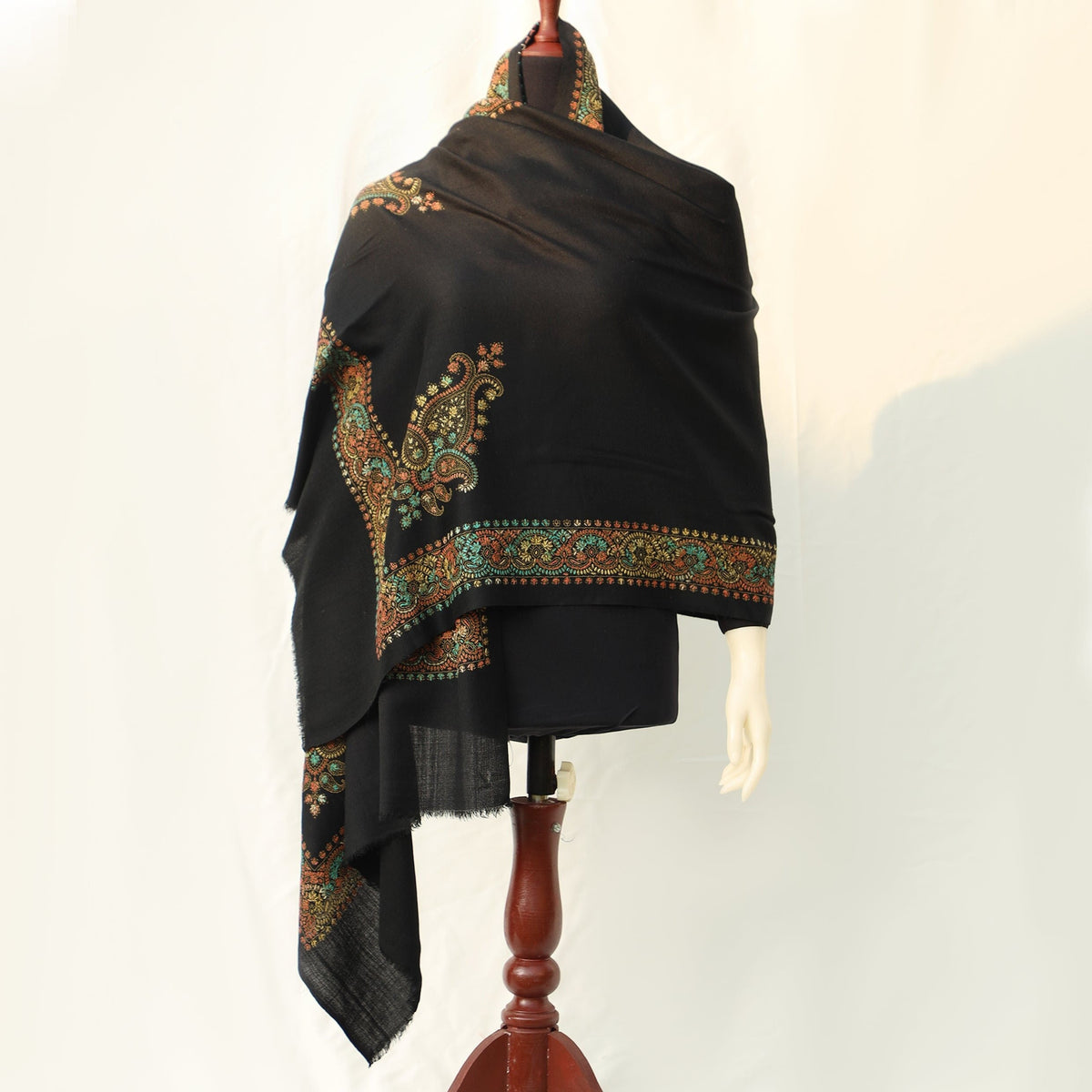 Mixed Wool Shawl - Black and Mustard with Multicolored Hand Embroidery